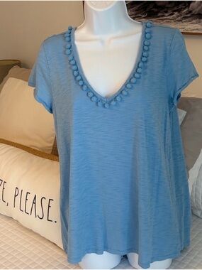 Lilly Pulitzer Light Blue V-Neck Pom Pom Trim Tee